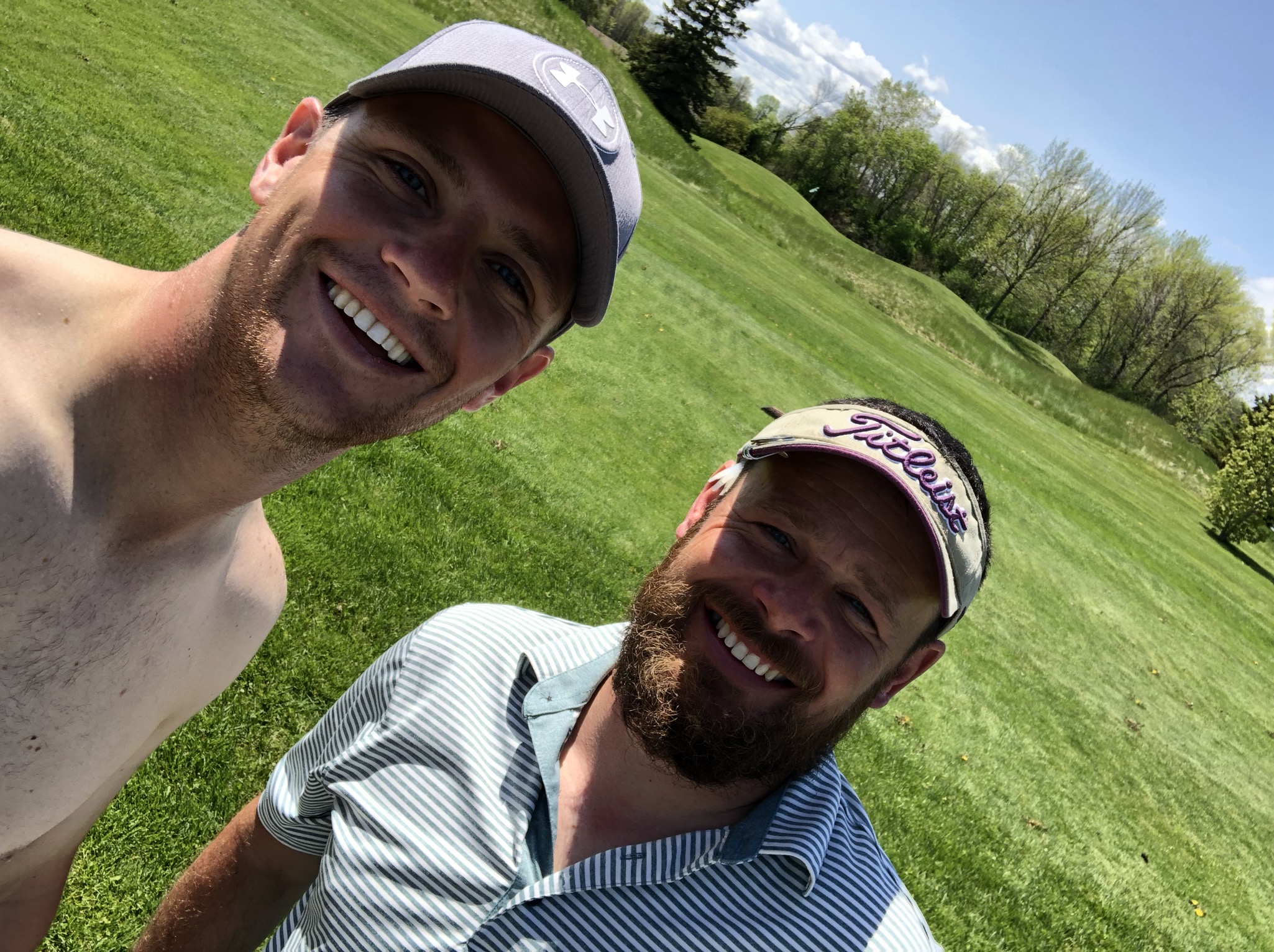 Jake and Tom during the long National walk with shirts off